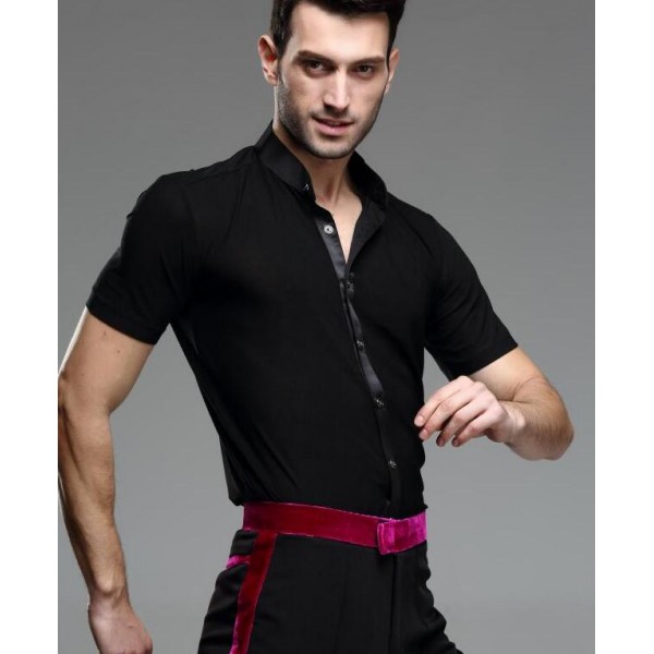 Men S Male Man Summer Short Sleeves Standard Collar Black Latin Ballroom Waltz Tango Salsa Cha