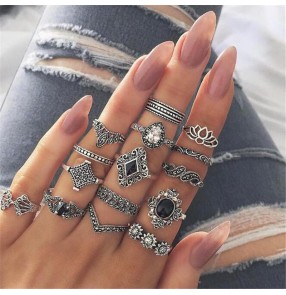 15-piece fashion rings set for women black gemstone diamond sun flower bohemia style alloy ring set