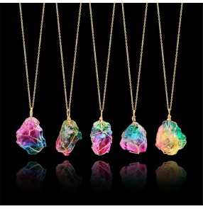 1pc Rainbow Colored natural stone winding crystal pendant transparent chain necklace beach dress fashion jewelry for women