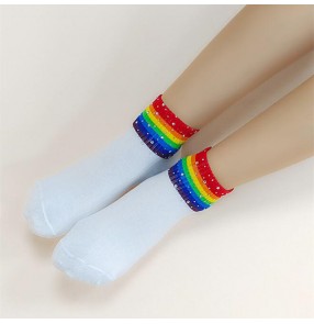 2 pair stage performance jazz hiphop dance fashion rainbow striped Cotton socks for unisex singer rapper cheerleader ankle length colorful bling trendy socks for men