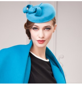  100% Wool Felt Pillbox Hat Party Wedding Bow Veil turquoise camel