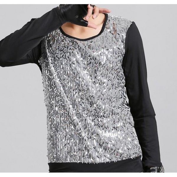 Men's Long Sleeve Bling Glitter Sequins Shirt Nightclub Costume Coat Tops M-2XL 