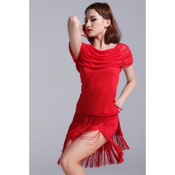 Black red fringes short sleeves competition women'a ladies performance ...