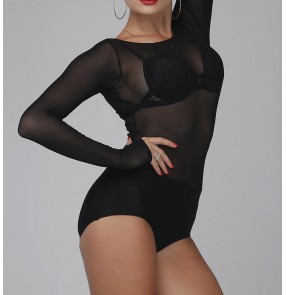 Beige black patchwork long sleeve mesh see through sexy fashion women's ladies competition stage performance latin ballroom leotards tops bodysuits