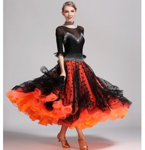 Black  and orange patchwork rhinestones diamond handmade polka dot competition women's girls professional ballroom tango waltz dance dresses outfits 