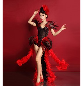 Black and red feathers tail diamond sequins classy luxury singers dancers cosplay dancing masquerade performance outfits tuxedo bodysuits