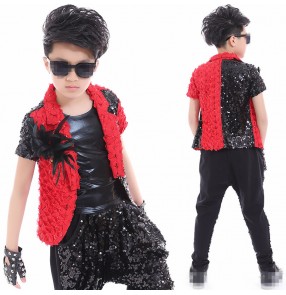 Black and red patchwork sequins paillette boys kids child school performance competition catwalk jazz drummer dance waistcoats