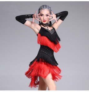 Black and red royal blue and fuchsia patchwork rhinestones tassels girls women's competition latin salsa dance dresses 