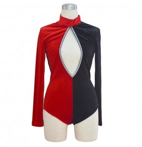 Black and red velvet patchwork hollow front sexy singers dancers women's girls performance jazz dance outfits leotards bodysuits