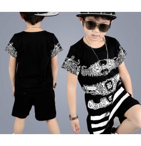 Black and white printed fashion boys kids children competition performance hip hop jazz dance harem pants costumes outfits
