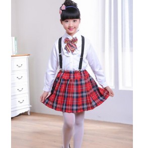 Black and white red plaid England style fashion girls kids children school play party kindergarten chorus dancing dresses outfits