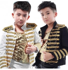 Black and white with gold  button rivet appliques England style fashion boys kids children jazz hip hop singers dancers cosplay performance tops jackets