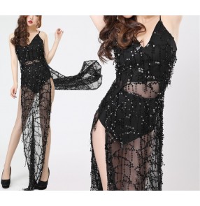 Black apricot sequins paillette fringes glitter sexy fashion women's  ladies jazz singer ds dancing stage performance dresses outfits 