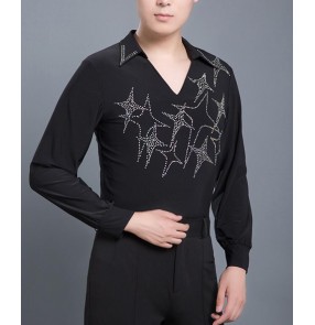 Black down collar v neck long sleeves rhinestones competition men's male latin ballroom tango waltz dancing shirts tops