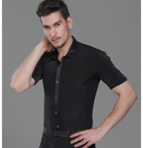 Black embossing pattern down collar short sleeves fashion men's latin ballroom tango dance shirts tops