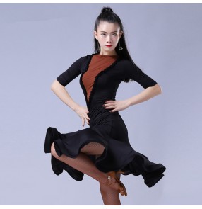 Black flesh fabric patchwork half sleeves competition performance women's latin salsa dance dresses outfits dancewear