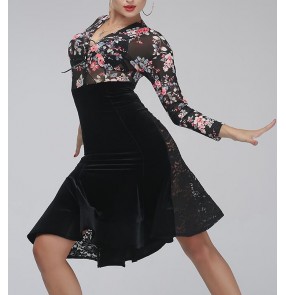 Black floral flowers leopard printed velvet lace patchwork see through long sleeves v neck high waist competition fashion latin salsa cha cha dance dresses outfits costumes