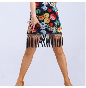 Black floral flowers velvet fringes tassels women's ladies adult competition professional latin salsa cha cha dance skirts