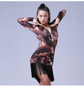 Black floral printed v neck long sleeves fashion sexy competition fringes women's ladies professional salsa latin cha cha dance dresses outfits