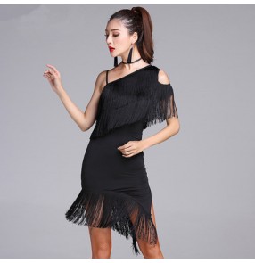 Black fringes inclined one shoulder tassels fringes competition girls women's gymnastics performance latin salsa cha cha dance dresses