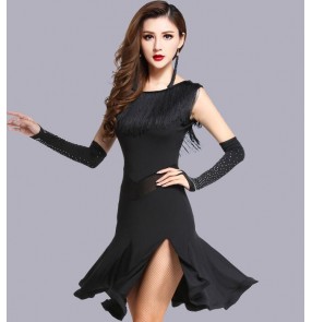 Black fringes side split sexy fashion girls women's competition performance latin salsa dance dresses outfits