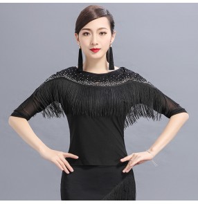 Black fringes tassels lace patchwork women's ladies competition performance ballroom latin dance tops blouses