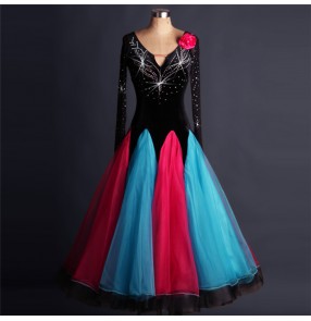 Black fuchsia hot pink turquoise long length diamond rhinestones women's ladies competition performance professional long length  standard ballroom waltz tango dancing dresses