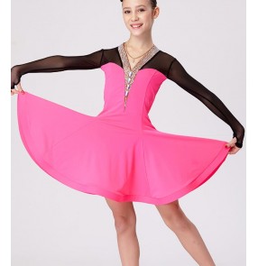 Black fuchsia patchwork long sleeves v neck rhinestone neckline competition performance girls children kids latin salsa cha cha dance dresses costumes