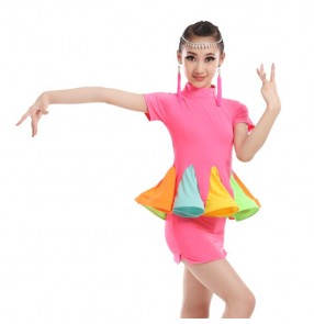 Black fuchsia with rainbow skirted short sleeves girls kids children stage performance competition latin salsa dance dresses