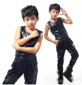 Black glitter patent leather sleeveless fashion boys kids children stage performance hip hop jazz singer drummer competition vest and pants