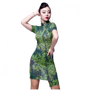 Black green leaves printed with sashes sexy fashion competition women's ladies professional latin salsa dance dresses outfits