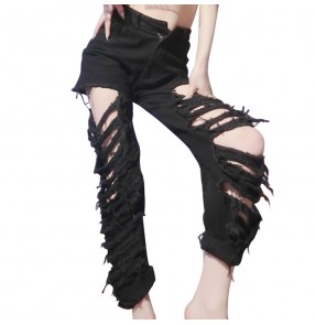 Black hollow hole women's ladies female dancers performance dj ds bar  hip hip casual fashion modern dance  street  dancing  loose pants trousers