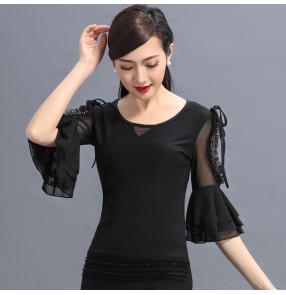 Black hollow shoulder half flare sleeves competition performance women's female latin ballroom dance tops shirts