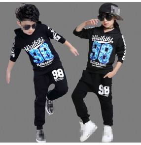 Black hoodies long sleeves tops and long pants boys kids children girls student school play fashion hip hop jazz singer dance costumes outfits