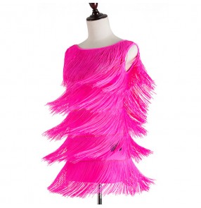 Black hot pink fuchsia layers fringes sexy backless competition women's girls latin salsa cha cha dance dresses