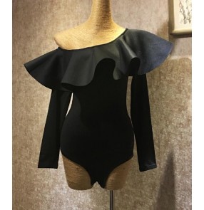 Black inclined shoulder long sleeves ruffles neck sexy fashion competition gymnastics performance women latin ballroom dance tops bodysuits