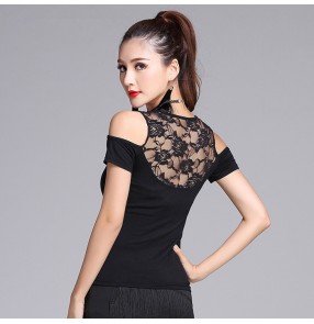 Black lace back exposure shoulder sexy fashion short sleeves competition performance latin salsa cha cha dance tops blouses