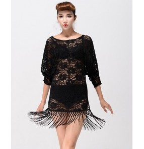 Black lace hollow fringes tassels competition performance fashion women's ladies salsa cha cha dance rumba dance dresses outfits