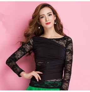 Black lace patchwork long sleeves microfiber women's fashionable ballroom tango waltz latin salsa cha cha dance tops 