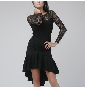 Black lace patchwork see through front and long sleeves competition gymnastics performance latin cha cha salsa tuxedo hem skirts dance dresses