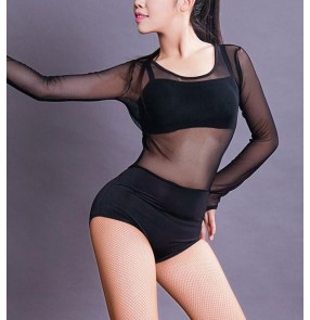 Black lace see through back and sleeves competition practice latin salsa cha cha dance bodysuits leotards jumpsuits tops