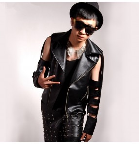 Black lapel collar leather fashion men's male motor cycle jazz hollow sleeves singer stage hip hop modern party pole night dance tops jackets
