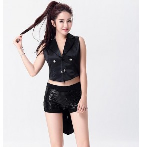 Black lapel tuxedo tops sequins shorts women's girls bar night club jazz singer dancers ds hip hop cheer leading cosplay dancing outfits costumes