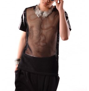 Black leather mesh see through patchwork short sleeves fashion men's male night club stage performance jazz hip hop singer pole dancing tops t shirts