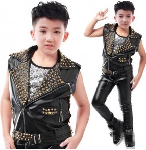 Black leather with gold rivet lens fashion boys kids children school competition performance jazz drummer ds hip hop singers dancers vests waistcoats