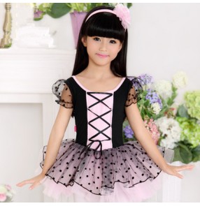 Black light pink short sleeves polka dot cotton material competition performance gymnastics tiutu ballet skating dance dresses