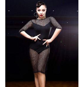 Black mesh see through fabric fashion women's ladies performance competition senior salsa samba latin dance leotards dresses 