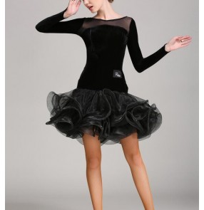 Black mesh velvet patchwork see through back ruffles skirts women's ladies competition ballroom latin dance dresses
