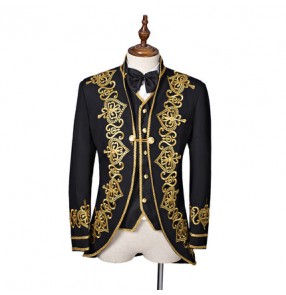 Black navy blue with gold European style embroidery pattern men's male stage performance cos play drama singer magician club wear blazers tops outfits