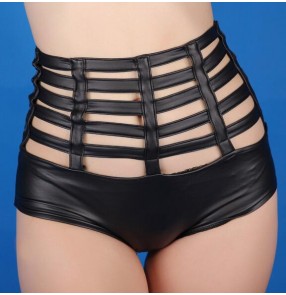 Black patent leather hollow striped high waistline triangle sexy fashion women's night club singers dancers jazz hip hop dancing shorts